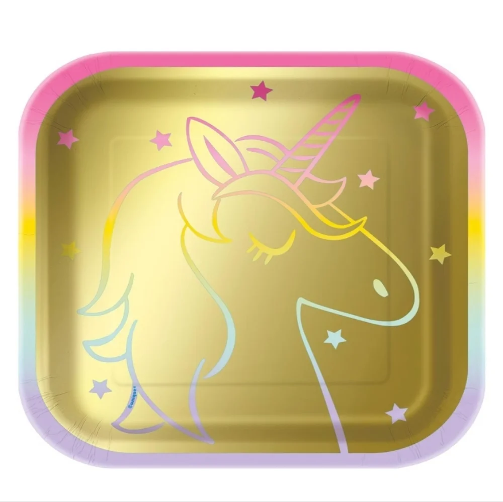 321 Party Gold Rainbow Unicorn Party Plates